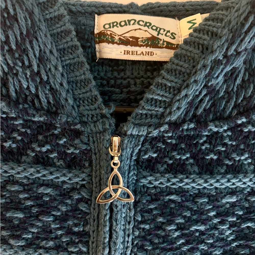 Aran Crafts Ireland Cable Knit Hoodie Sweater Womens M Blue Full Zip Chunky Wool - Picture 6 of 6